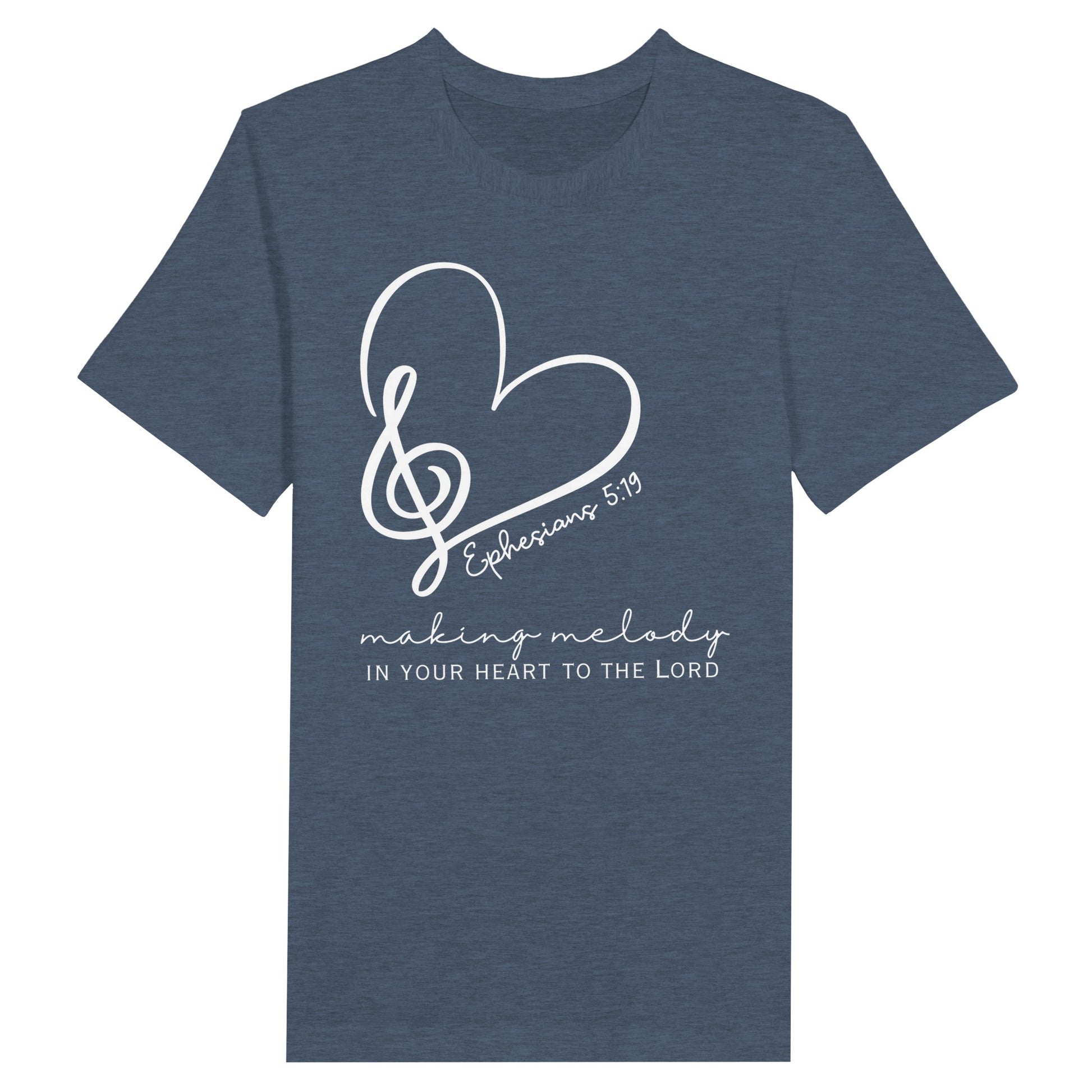 Ladies Christian T-Shirt with "Making melody in your heart to the Lord" print design. Heather navy color, Crew neck, short-sleeved, classic retail fit.