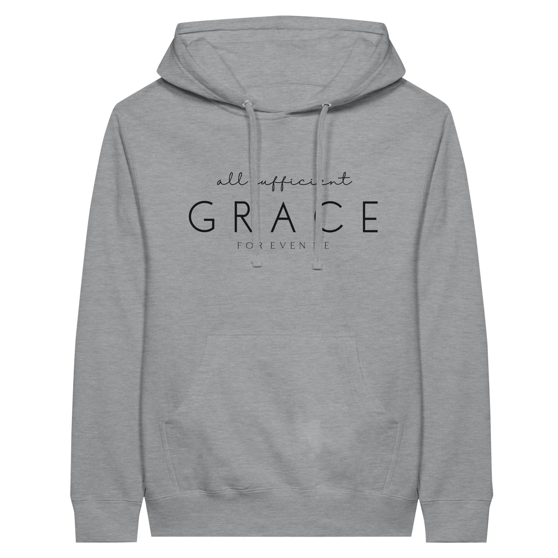 Gray Christian Hoodie with "All Sufficient Grace For Even Me" print design on the front. Pullover, with large pouch pocket on the front.