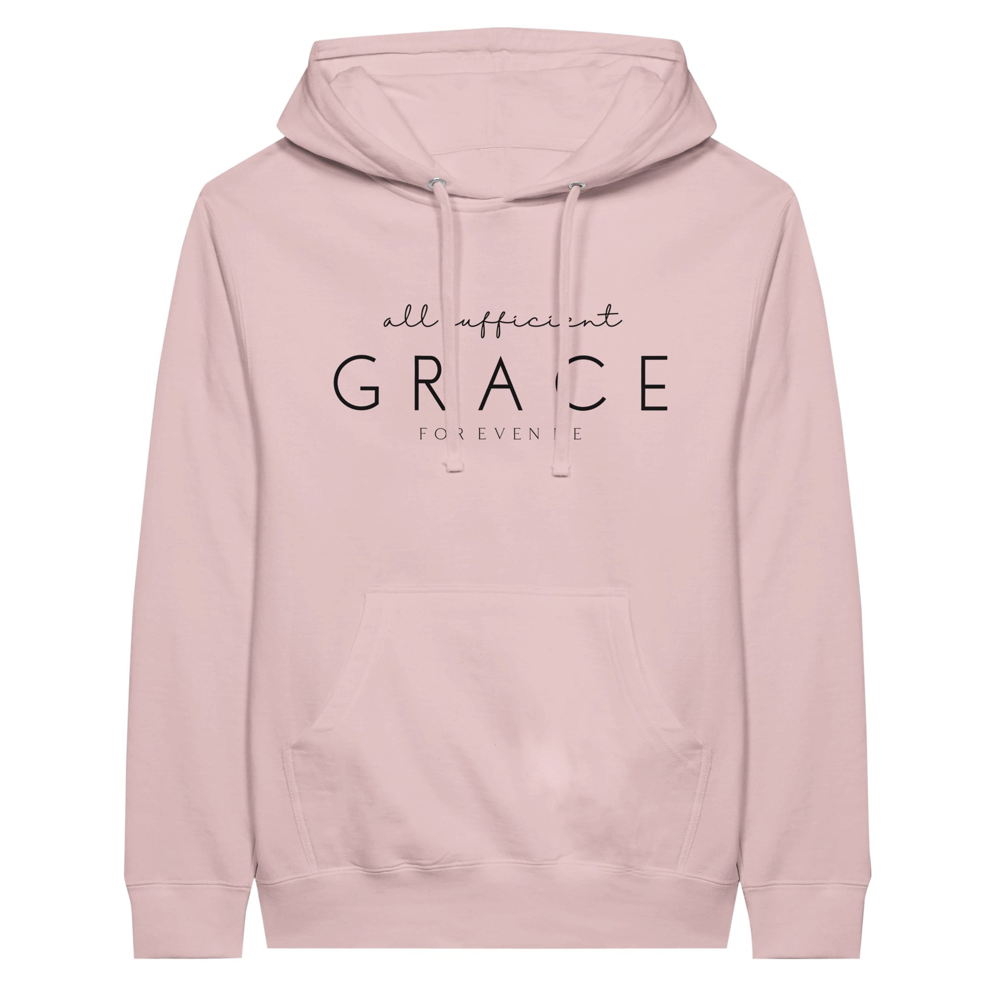 Pink Christian Hoodie with "All Sufficient Grace For Even Me" print design on the front. Pullover, with large pouch pocket on the front.