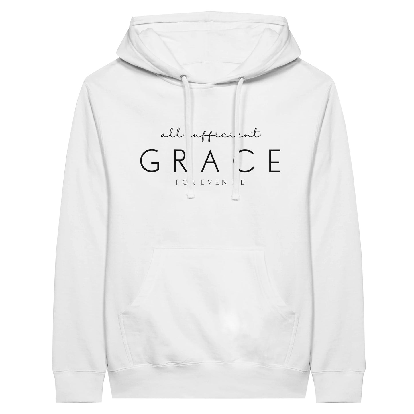 White Christian Hoodie with "All Sufficient Grace For Even Me" print design on the front. Pullover, with large pouch pocket on the front.