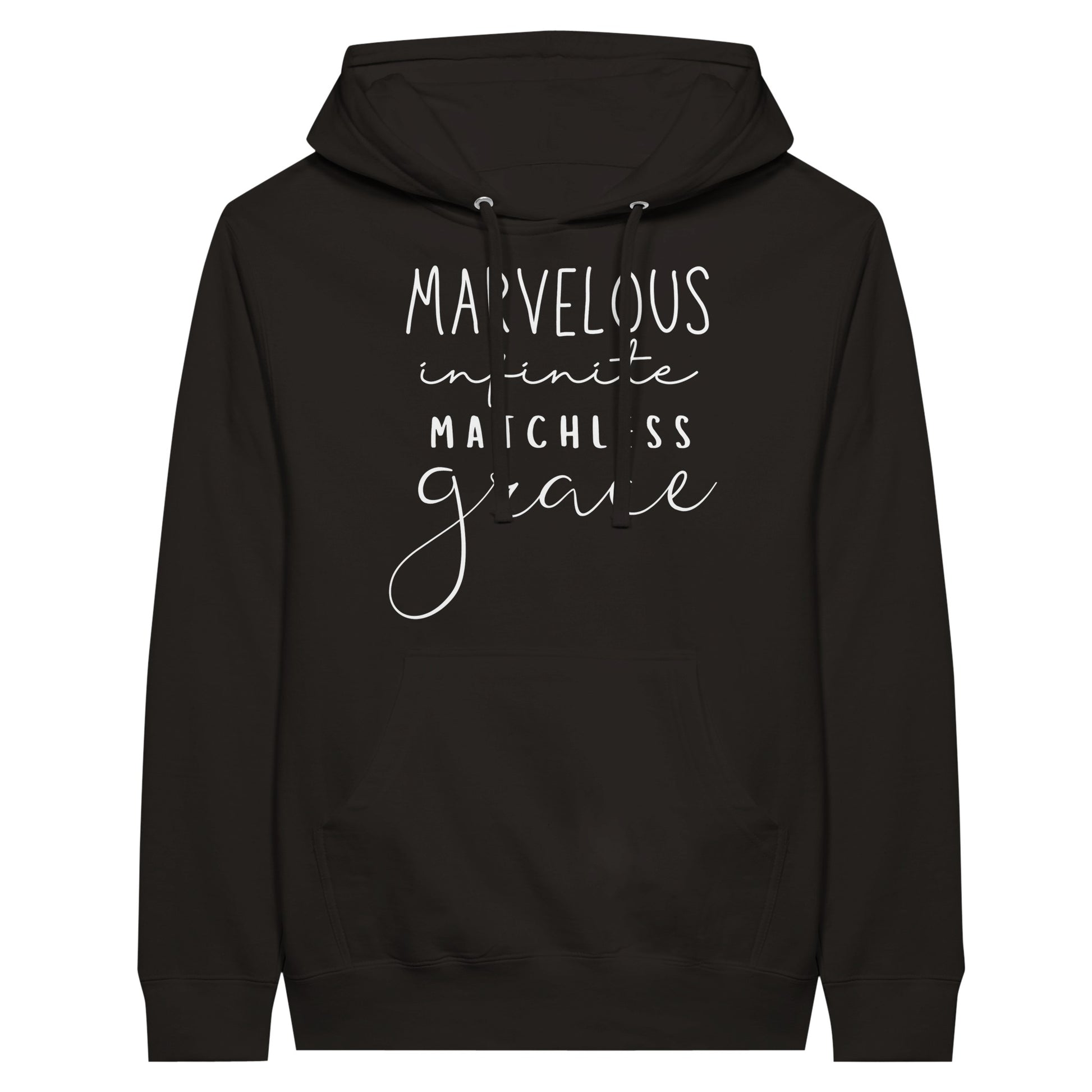 Black pullover hoodie with "Marvelous Infinite Matchless Grace" print design. Premium hoodie with large pouch pocket on the front.