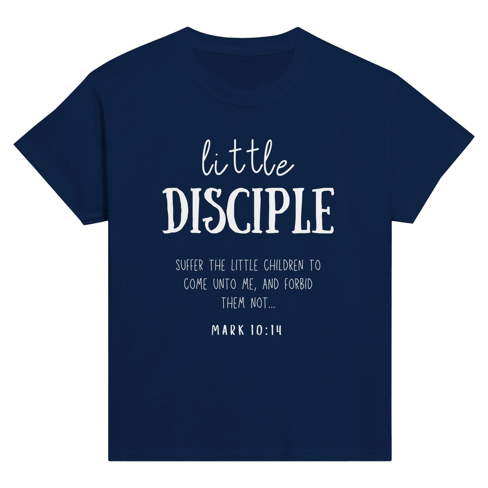 Navy kid's Christian Mother's Day T-shirt with "Little Disciple" print design. Crew neck, short-sleeved, unisex, classic retail fit