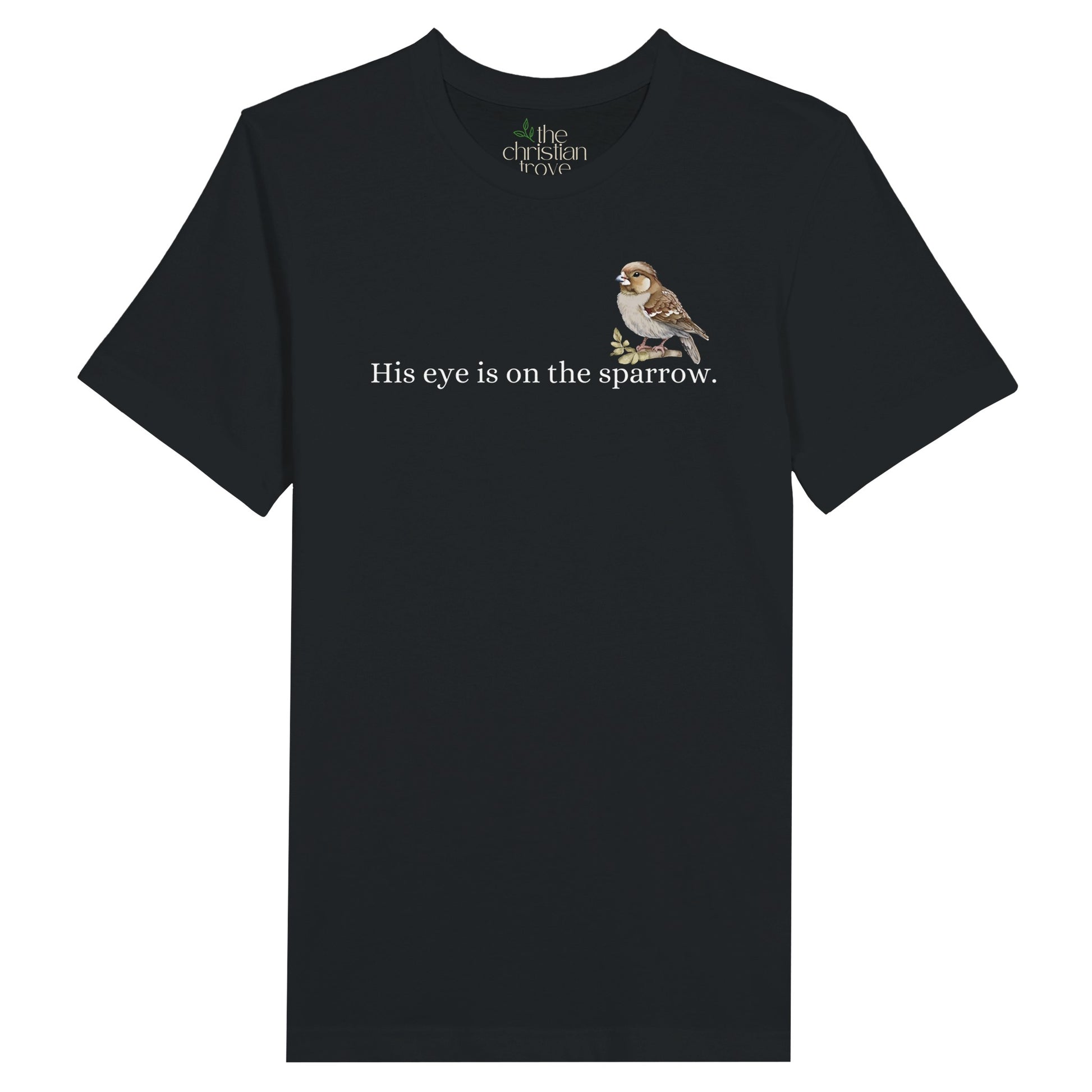 Black Christian T-Shirt with "His Eye is on the Sparrow" print design. Crew neck, short-sleeved, classic fit, soft fabric