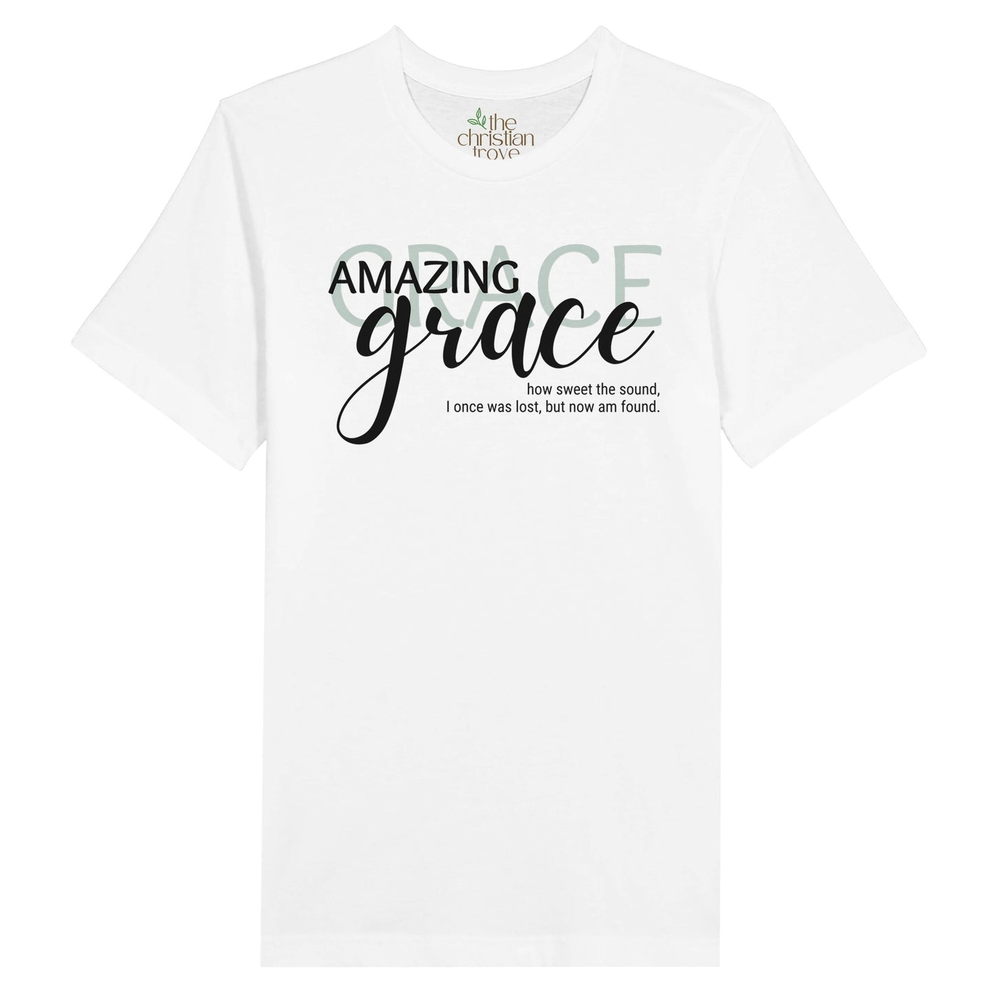 White Ladies Christian T-shirt with "Amazing Grace" print design. Crewneck, short-sleeved