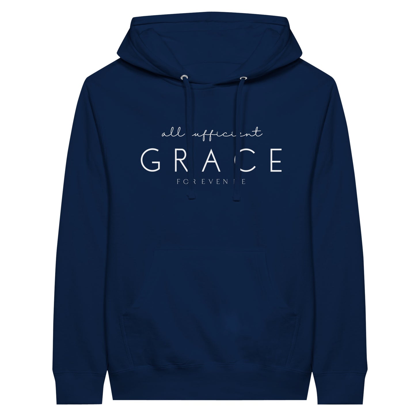 Navy Christian Hoodie with "All Sufficient Grace For Even Me" print design on the front. Pullover, with large pouch pocket on the front.