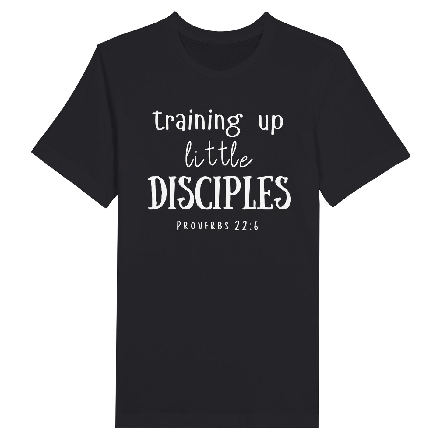 Black Mother's Day Christian T-Shirt with "Training Up Little Disciples" print design. Crew neck, short-sleeved, classic retail fit.