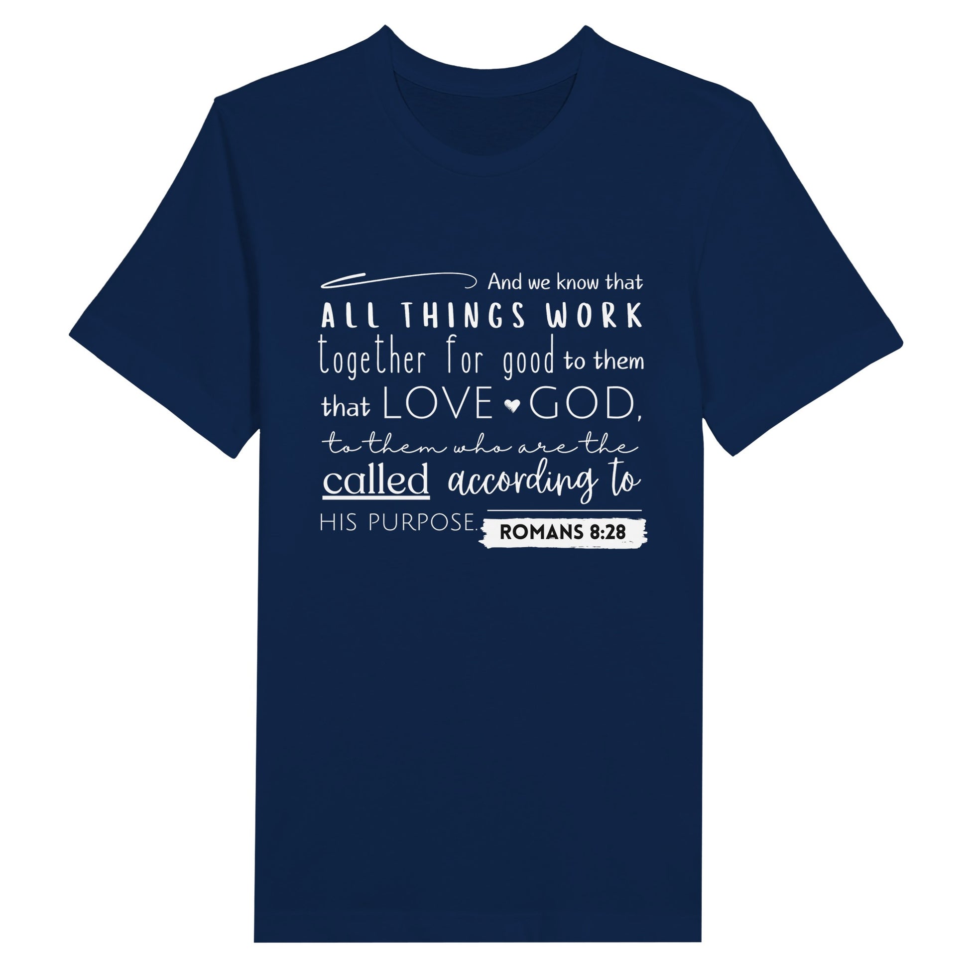 Navy Christian T-Shirt with Romans 8:28 KJV print design. Crew neck, Short-sleeved, classic fit