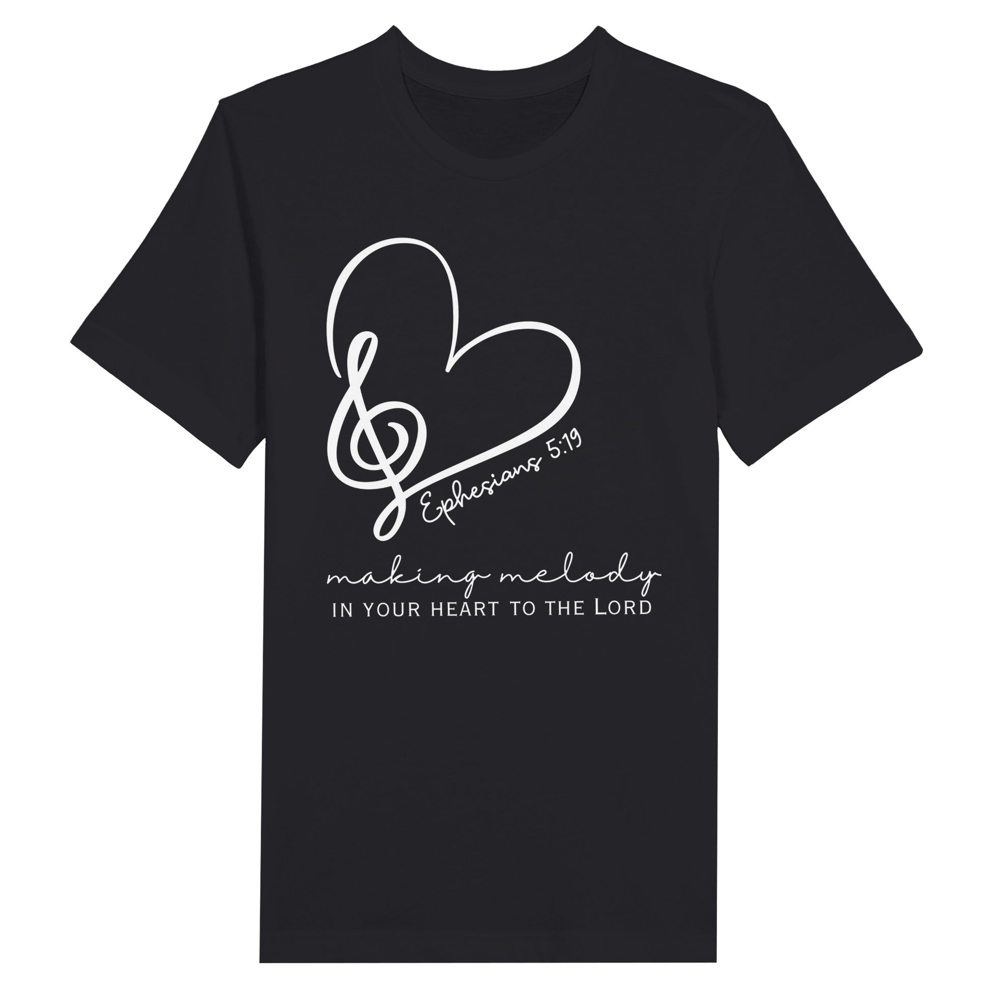 Ladies Christian T-Shirt with "Making melody in your heart to the Lord" print design. Black color, Crew neck, short-sleeved, classic retail fit.