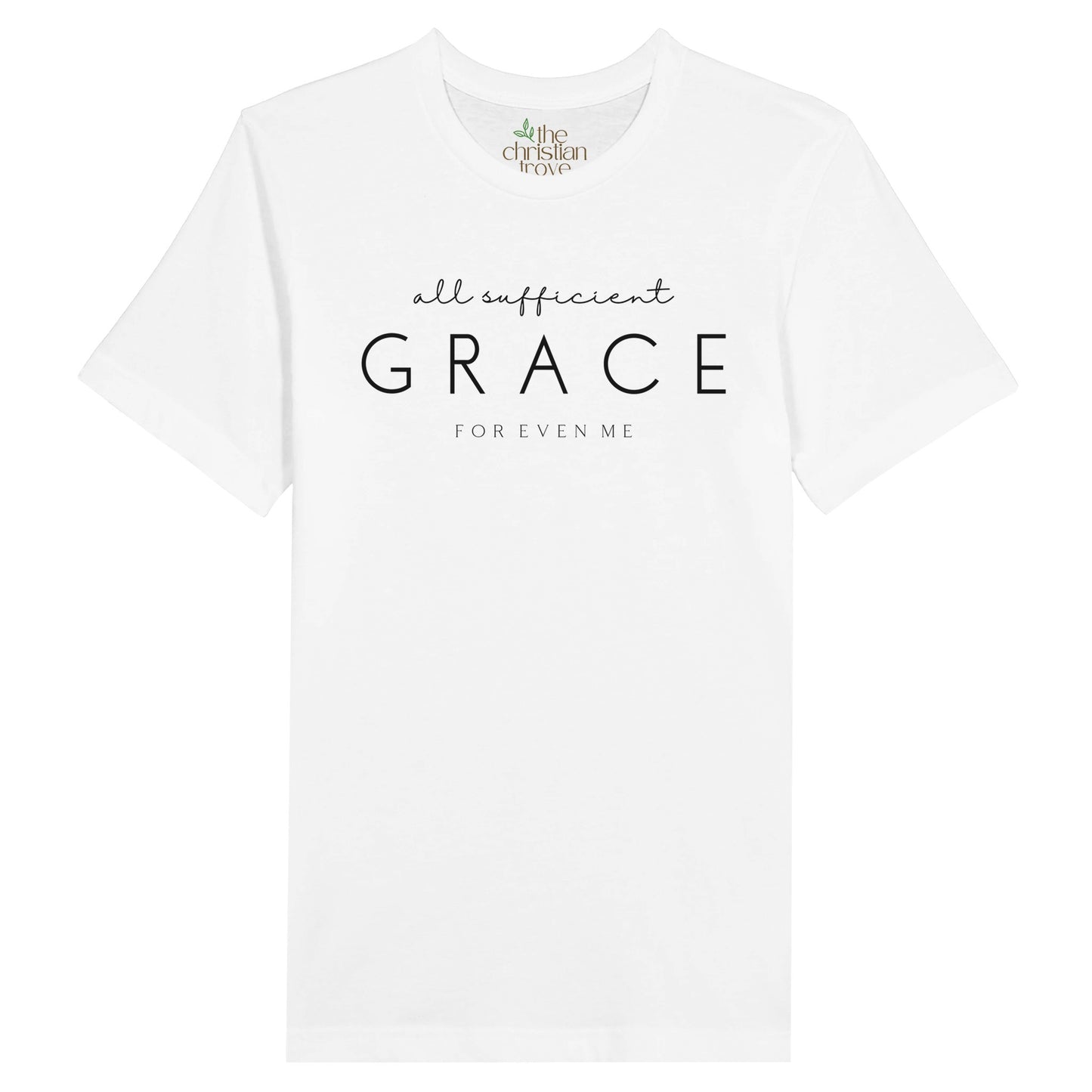 White Christian T-Shirt with "All Sufficient Grace For Even Me" print design. Crew neck, short-sleeved, classic fit, soft fabric.