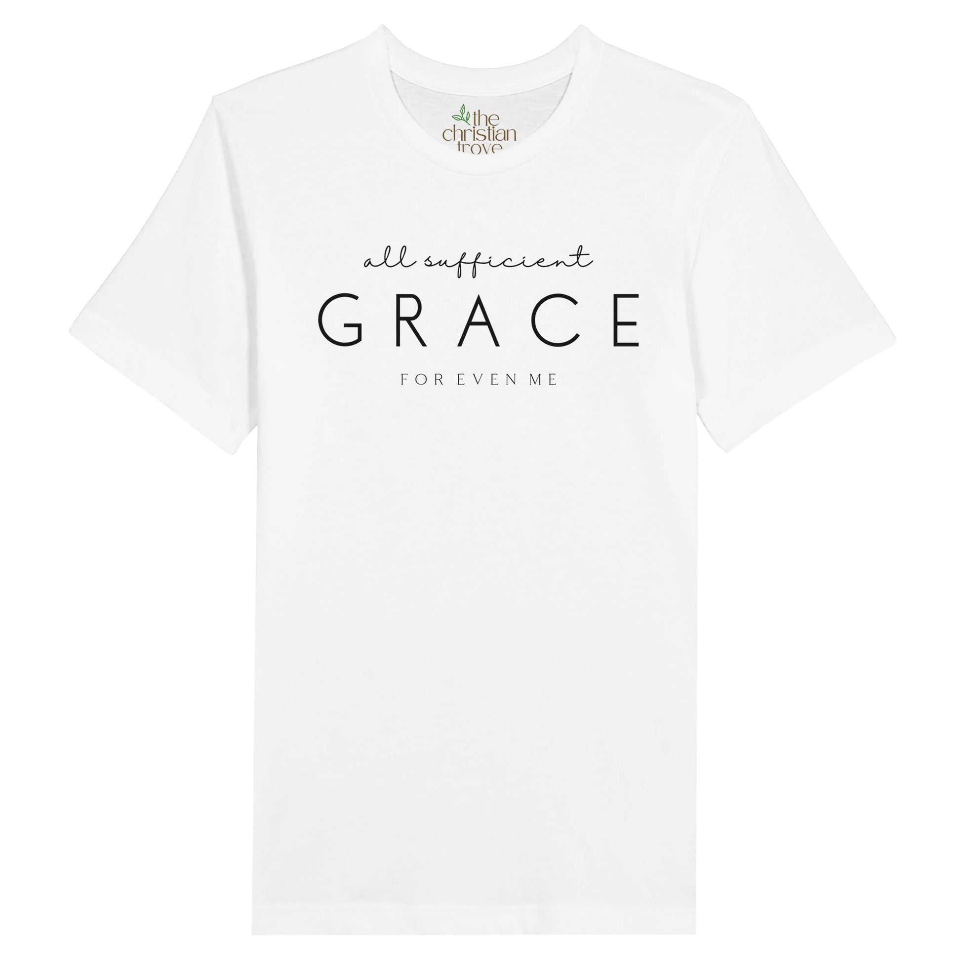 White Christian T-Shirt with "All Sufficient Grace For Even Me" print design. Crew neck, short-sleeved, classic fit, soft fabric.