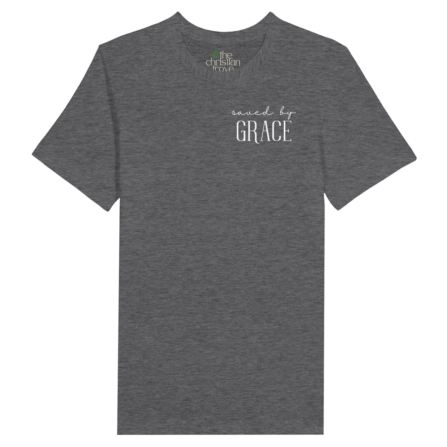 Dark Gray Heather Christian T-Shirt with "Saved by Grace" print design. Crew neck, short-sleeved, classic fit, soft fabric