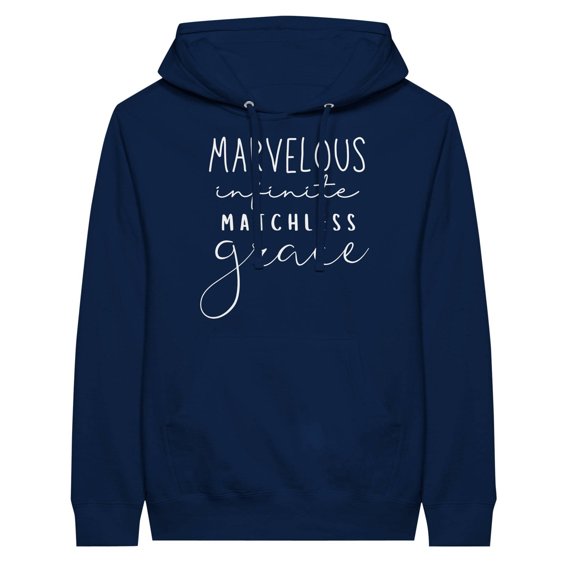 Navy pullover hoodie with "Marvelous Infinite Matchless Grace" print design. Premium hoodie with large pouch pocket on the front.