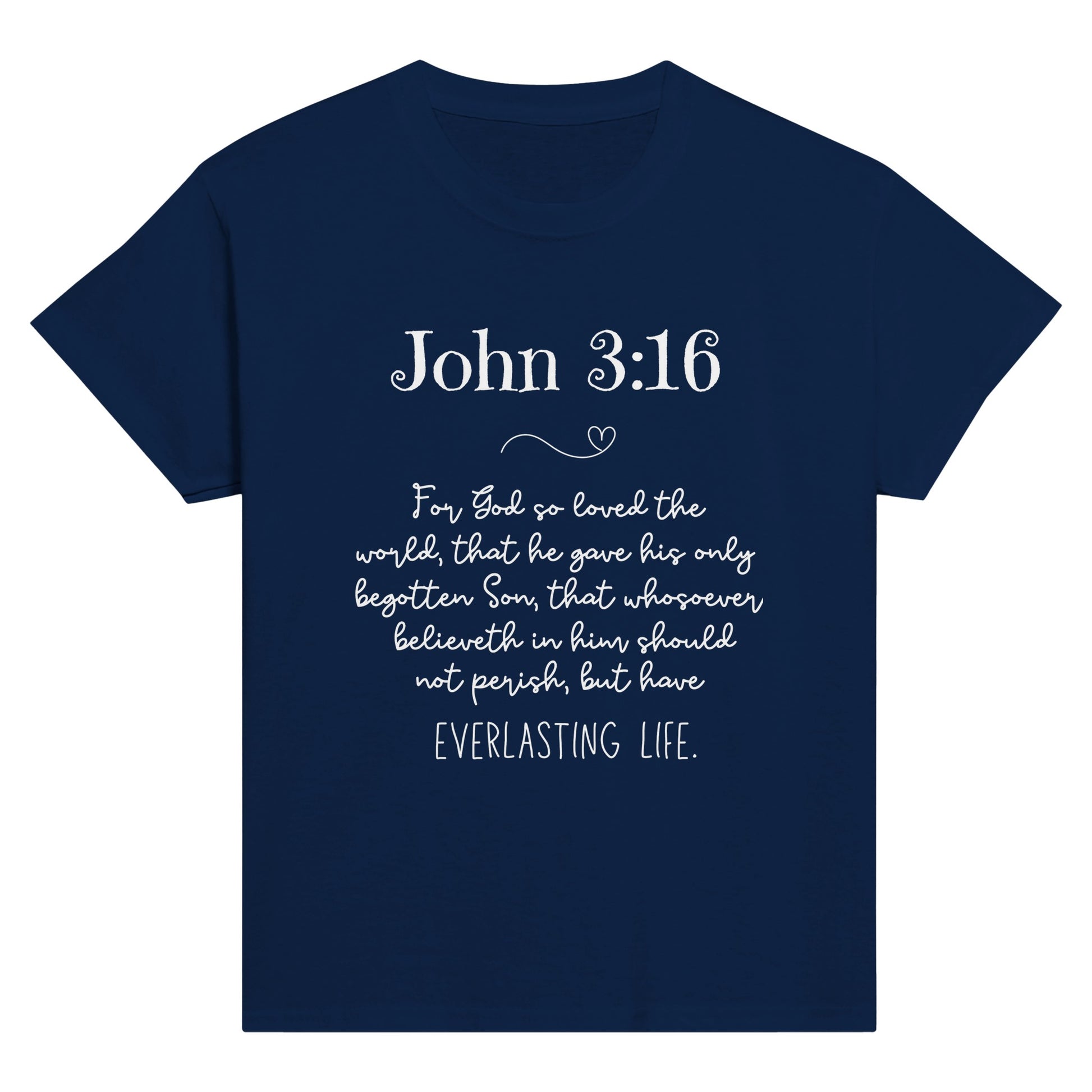 Kid's Christian Shirt Navy with John 3:16 Bible Verse KJV print design. Crew neck, short-sleeved, classic fit