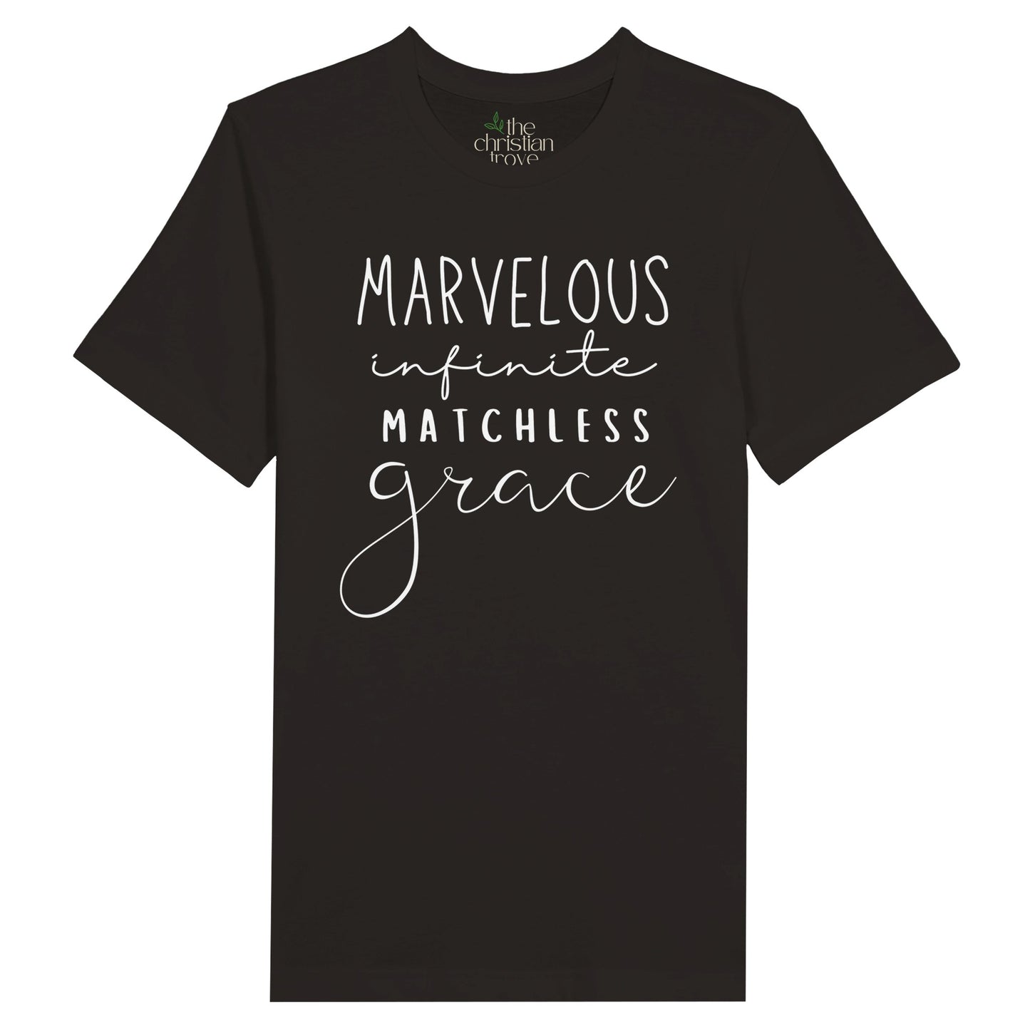 Black Christian T-Shirt with "Marvelous, Infinite, Matchless Grace" print design. Crew neck, short-sleeved, classic fit, soft fabric.