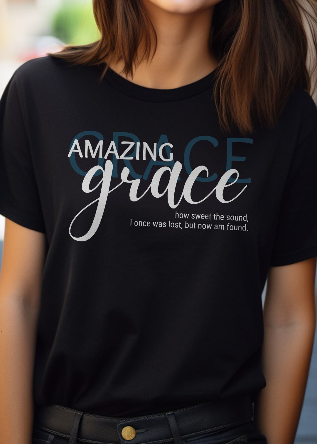 Black Christian T-Shirt with "Amazing Grace: how sweet the sound, I once was lost, but now am found" print design. Crew neck, short-sleeved, classic fit, soft fabric