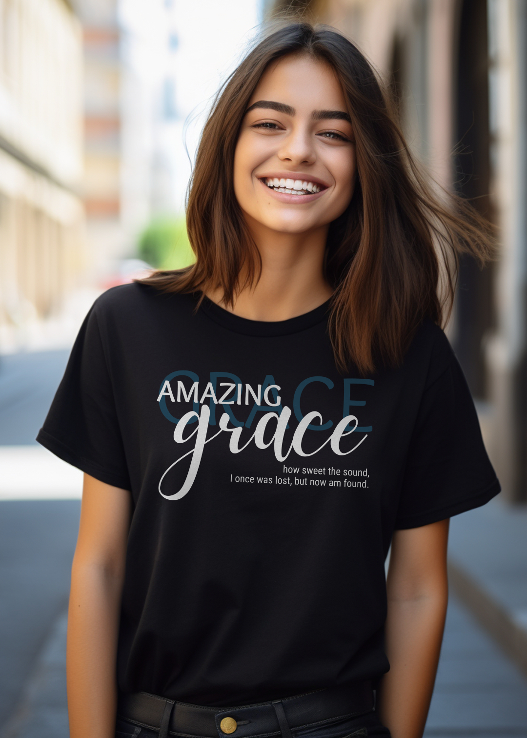 Black Christian T-Shirt with "Amazing Grace: how sweet the sound, I once was lost, but now am found" print design. Crew neck, short-sleeved, classic fit, soft fabric