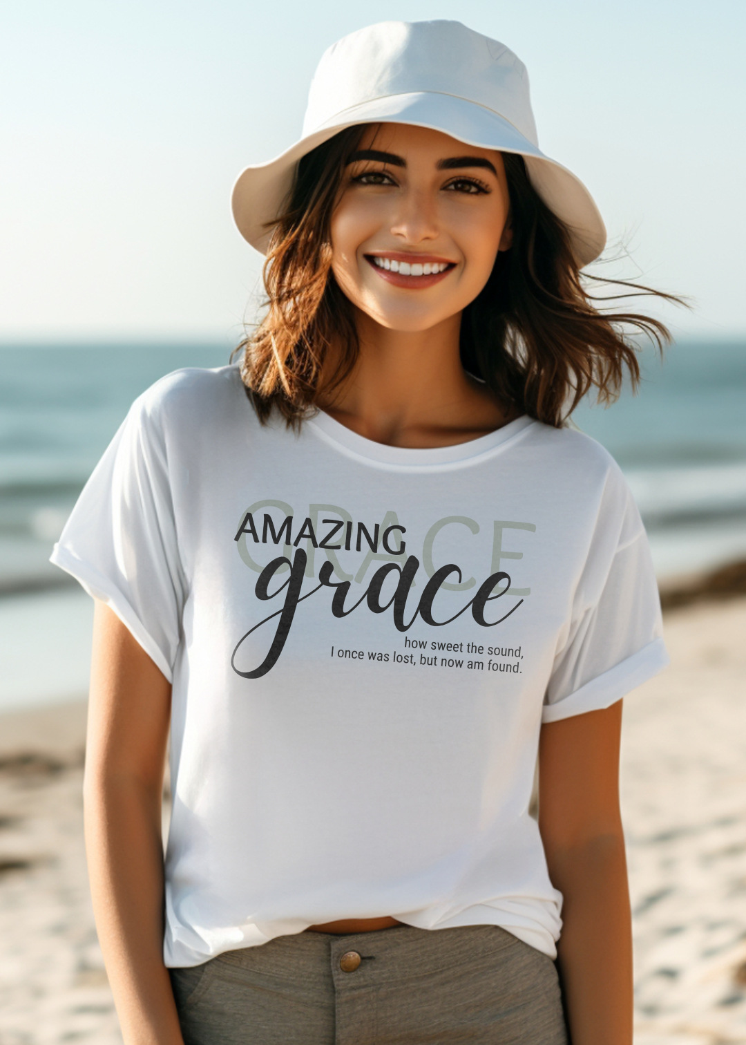 White Christian T-Shirt with "Amazing Grace: how sweet the sound, I once was lost, but now am found" print design. Crew neck, short-sleeved, classic fit, soft fabric