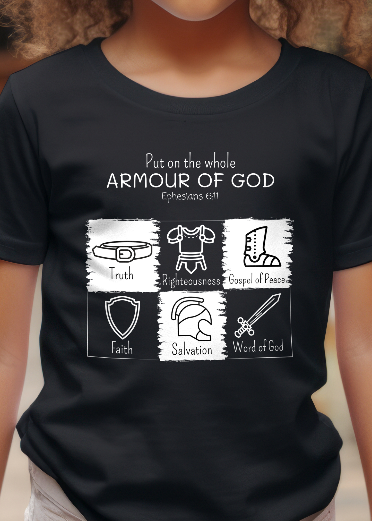 Black kid's t-shirt with "Put on the Whole Armour Of God" print design with armour of God graphics. Unisex, classic retail fit, crew neck, and with shoulder-to-shoulder taping