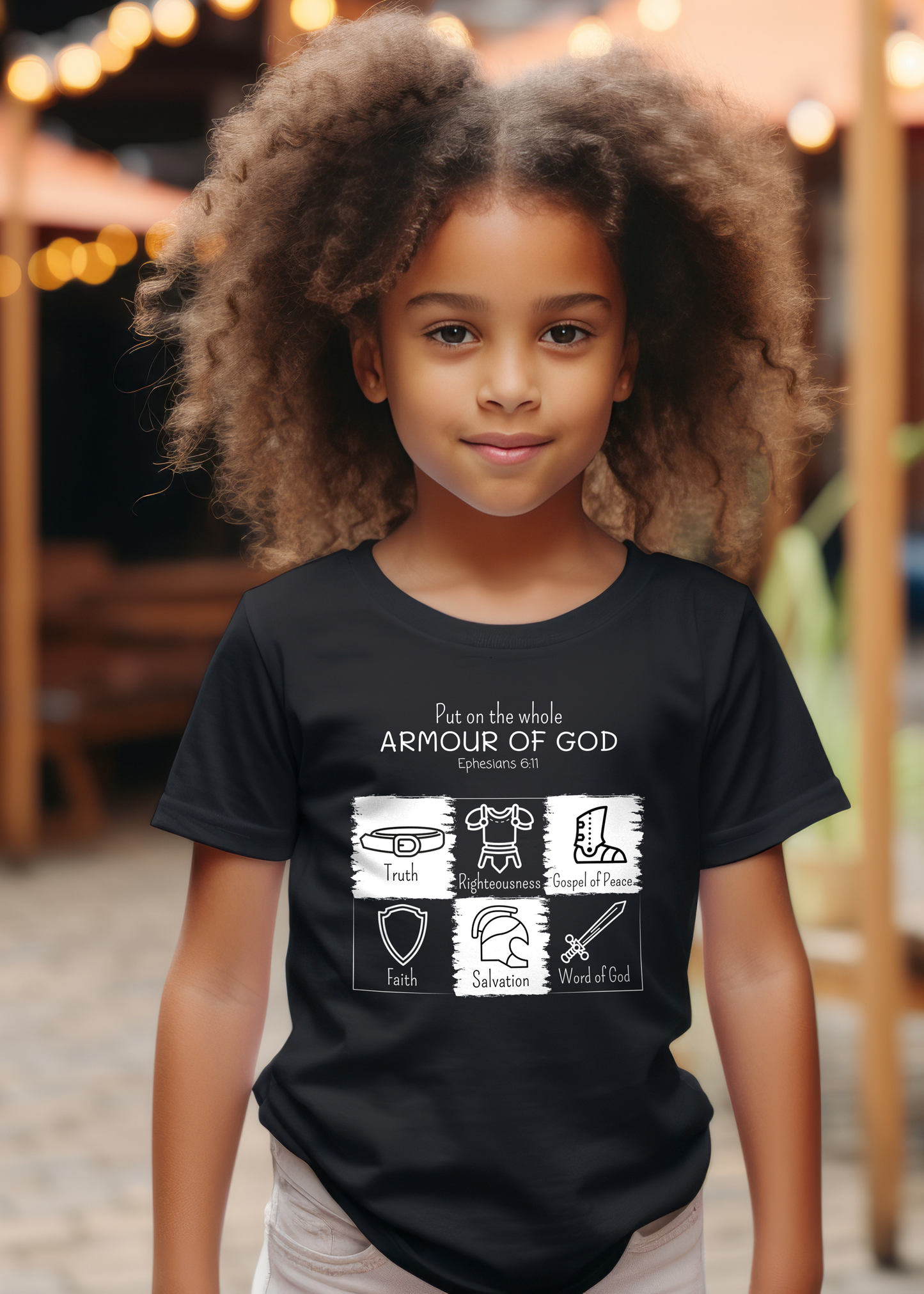 Black kid's t-shirt with "Put on the Whole Armour Of God" print design with armour of God graphics. Unisex, classic retail fit, crew neck, and with shoulder-to-shoulder taping