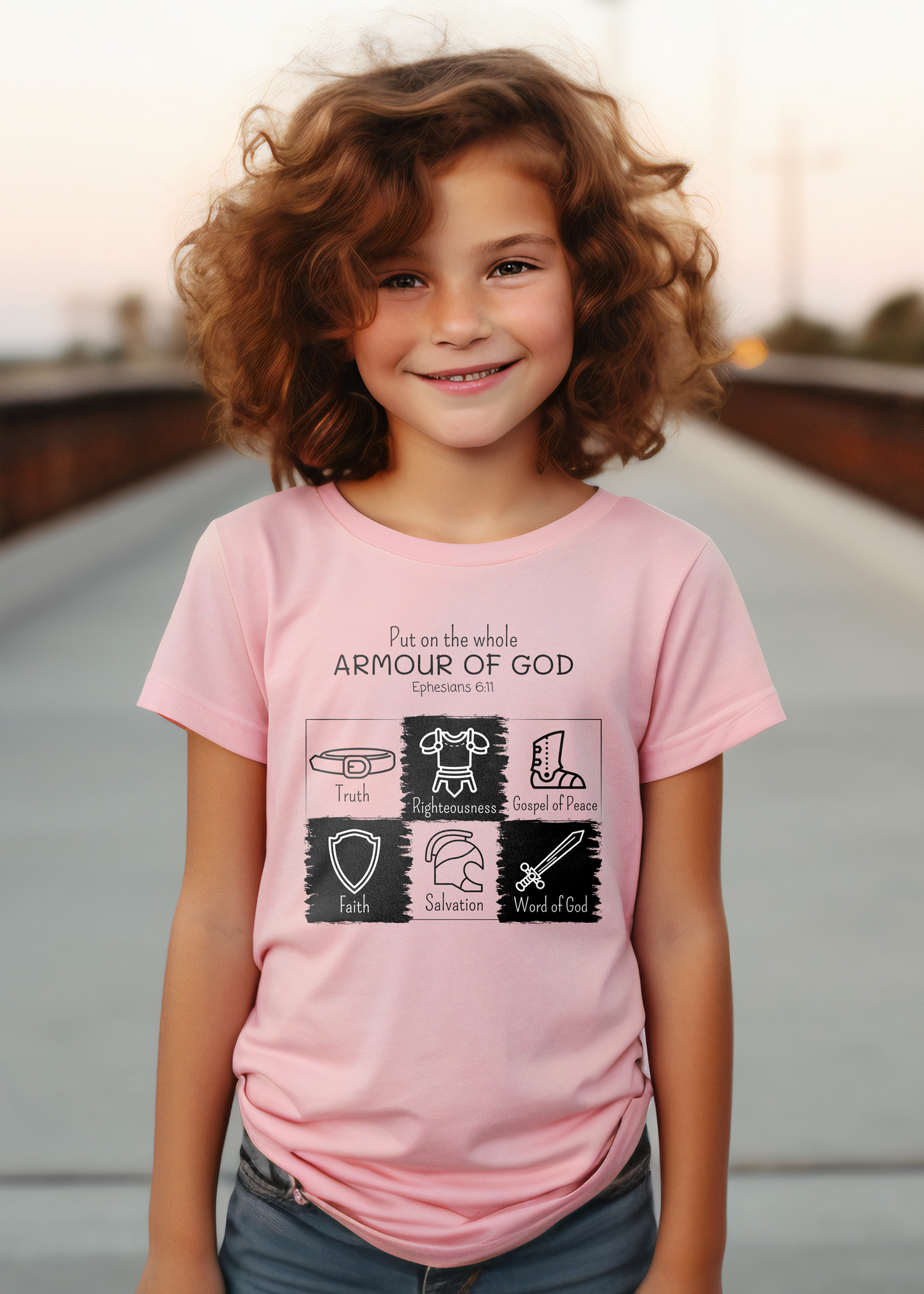 Light pink kid's t-shirt with "Put on the Whole Armour Of God" print design with armour of God graphics. Unisex, classic retail fit, crew neck, and with shoulder-to-shoulder taping