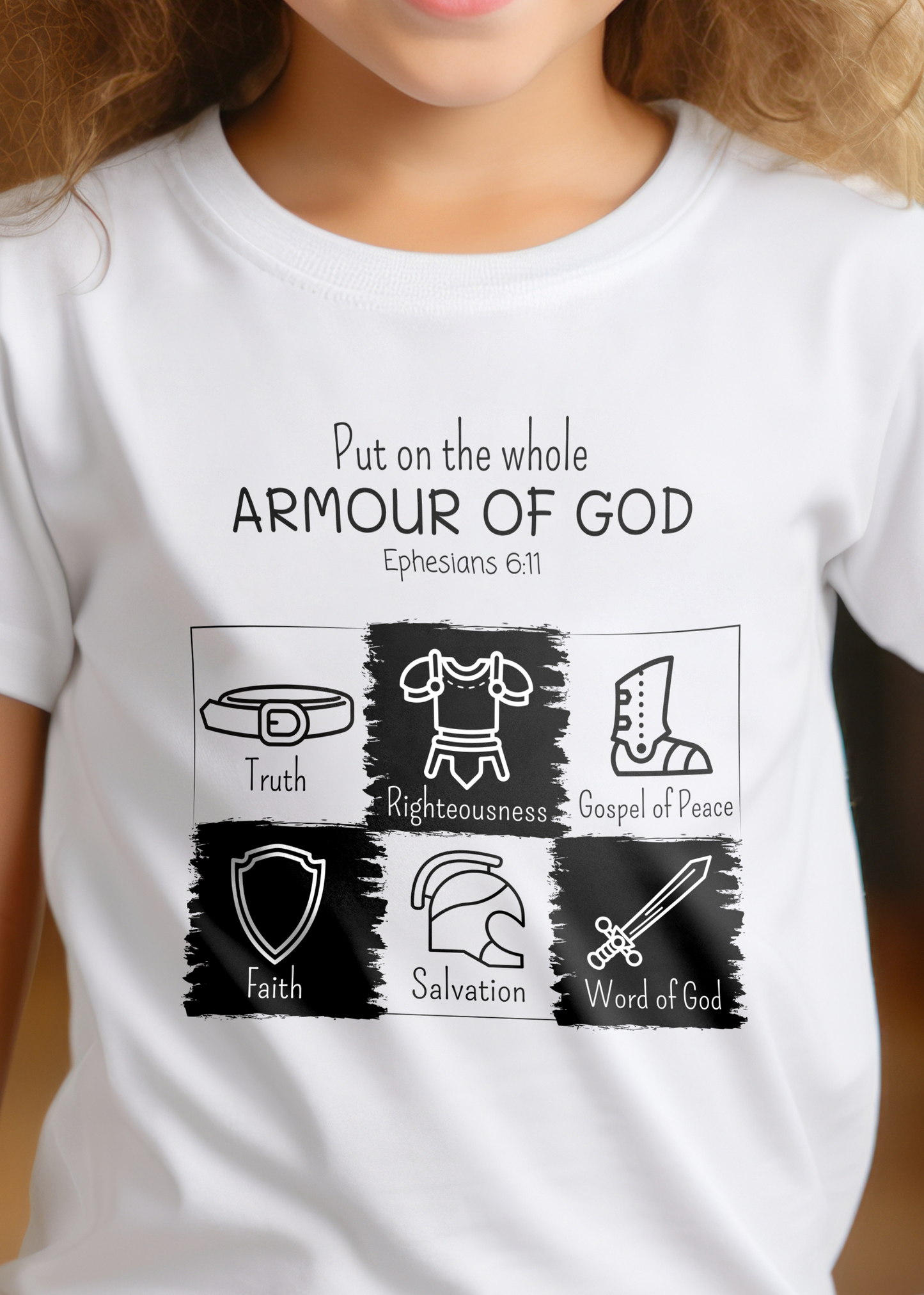 White kid's t-shirt with "Put on the Whole Armour Of God" print design with armour of God graphics. Unisex, classic retail fit, crew neck, and with shoulder-to-shoulder taping