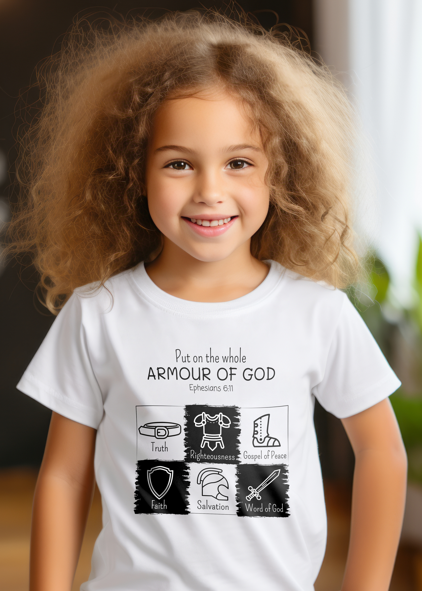 White kid's t-shirt with "Put on the Whole Armour Of God" print design with armour of God graphics. Unisex, classic retail fit, crew neck, and with shoulder-to-shoulder taping