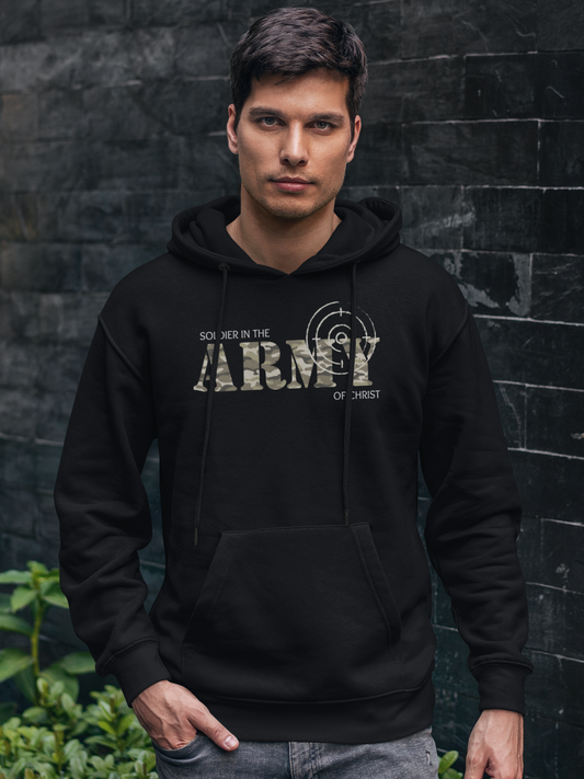 Black Christian Hoodie with "Soldier in the Army of Christ" print design. Unisex, with large front pouch