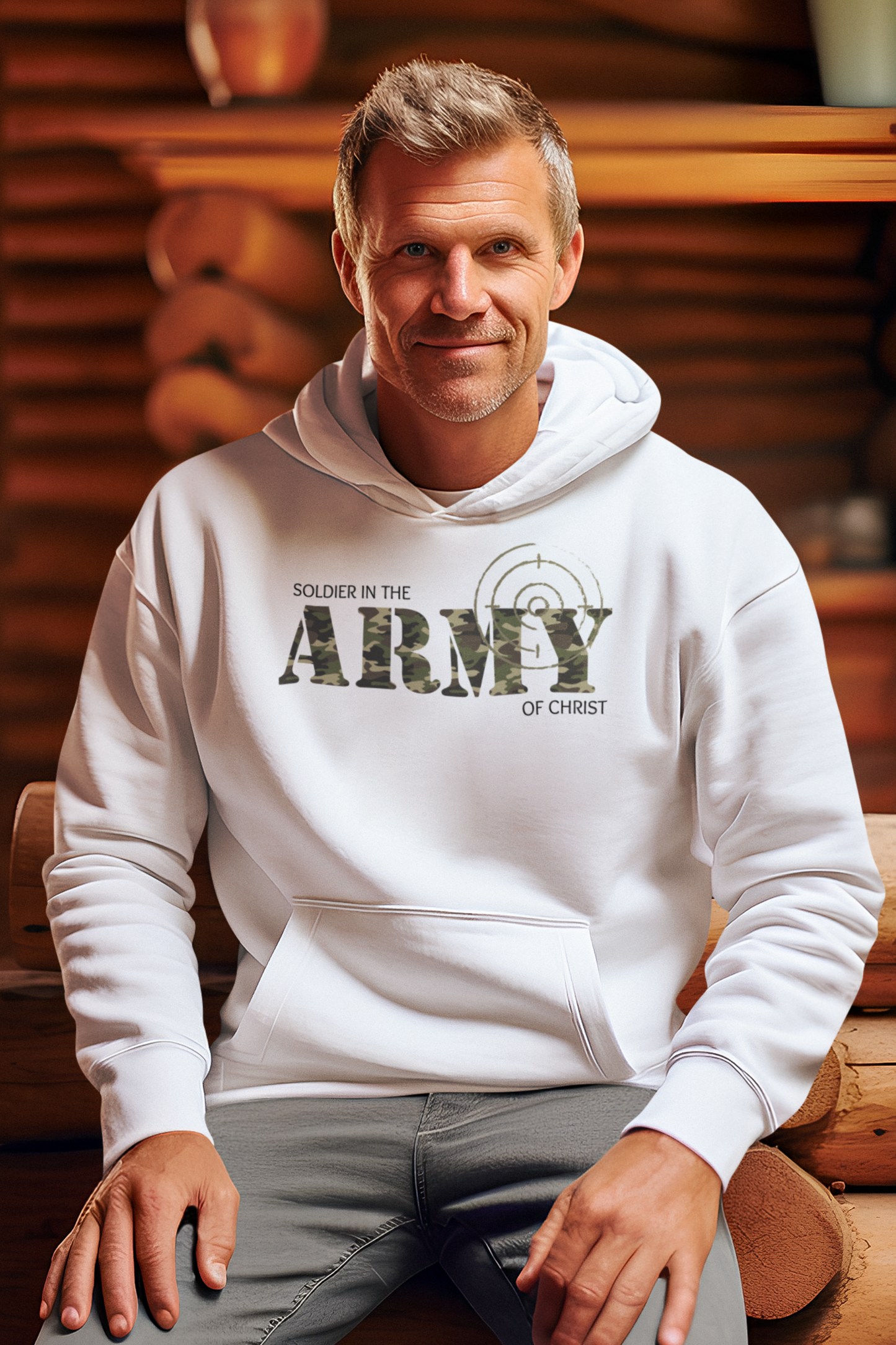 White Christian Hoodie with "Soldier in the Army of Christ" print design. Unisex, with large front pouch