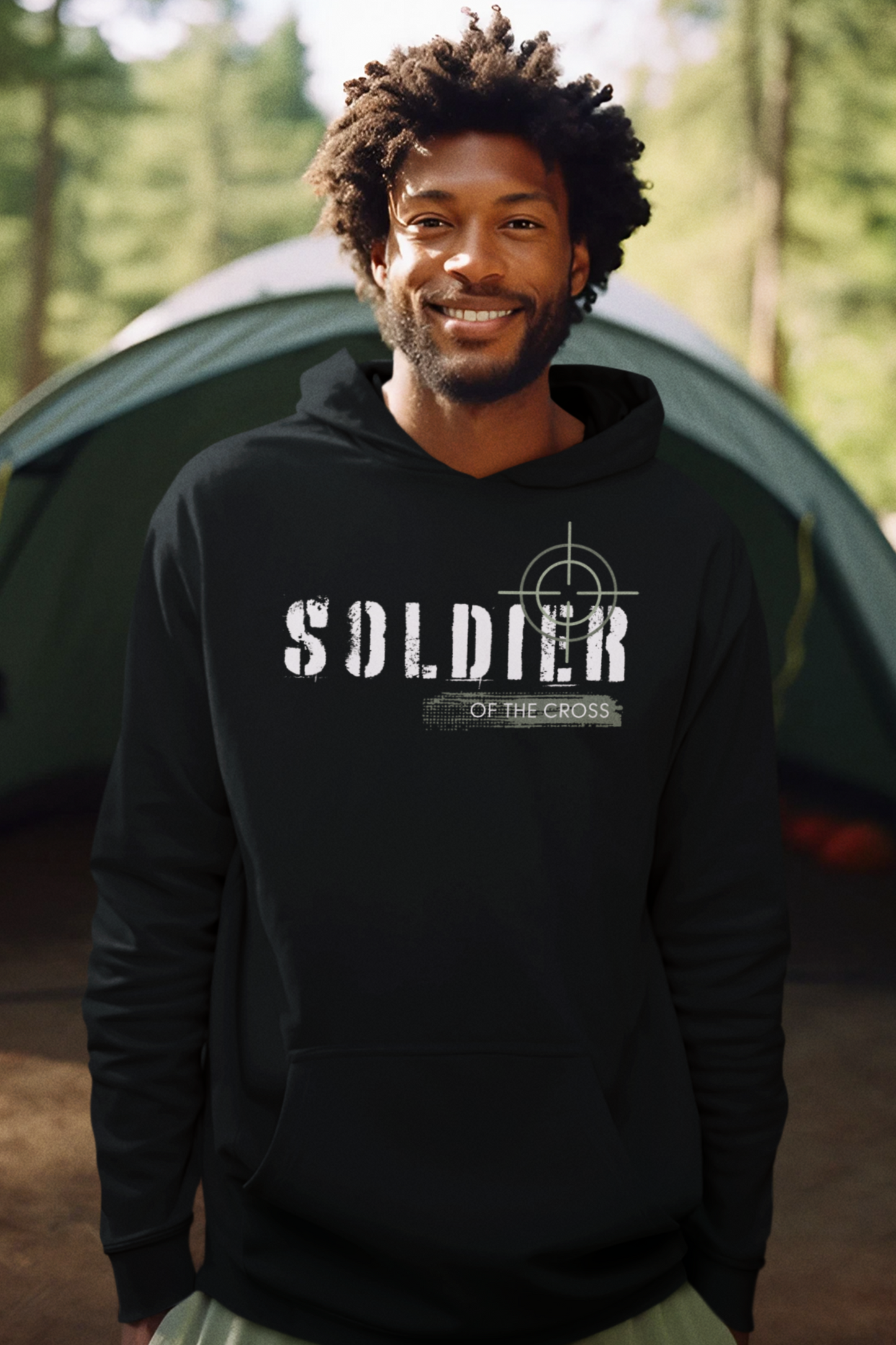 Black Christian Hoodie with "Soldier of the Cross" design print  in front.  Unisex, with large front pouch pocket