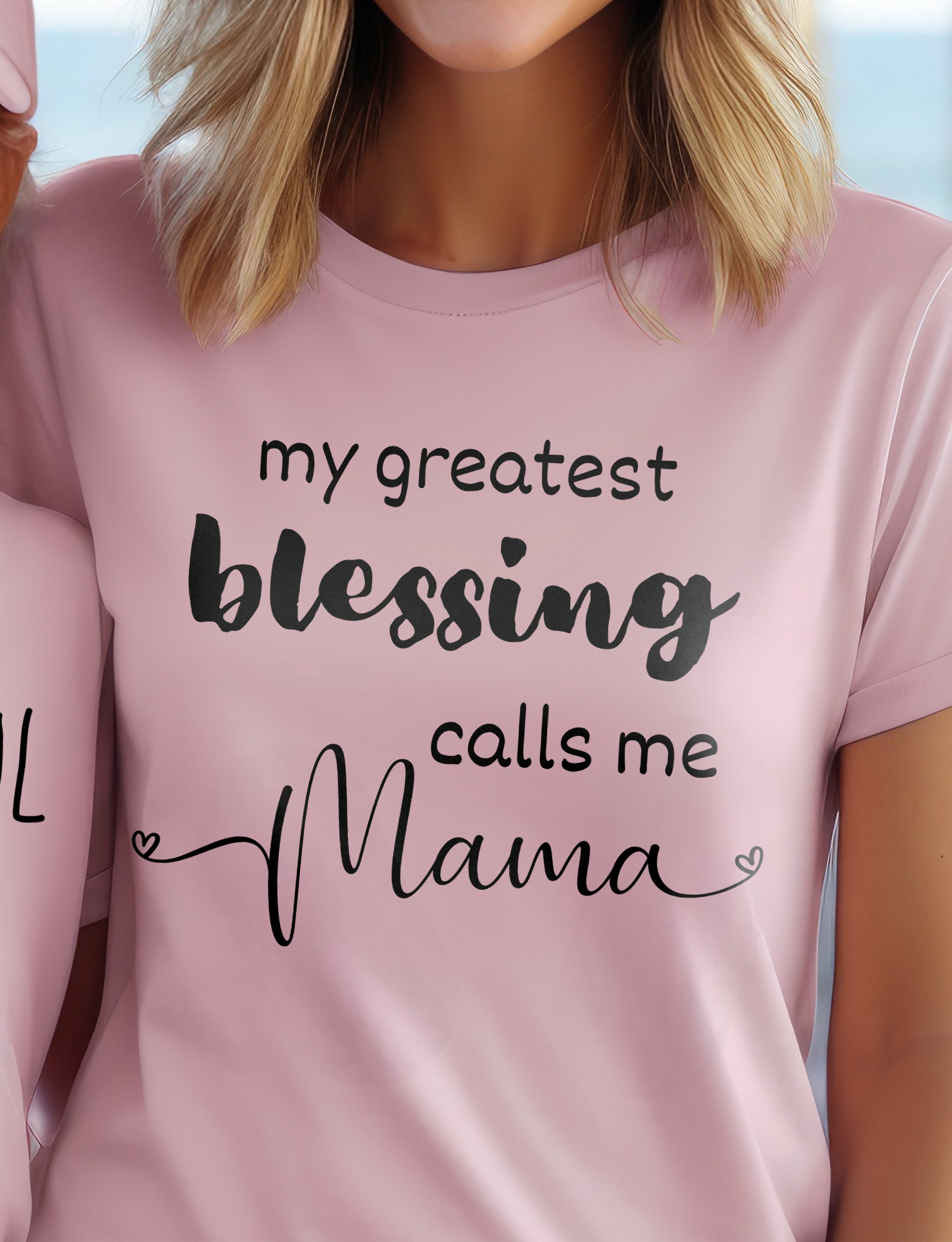 Pink Christian Mother's Day T-Shirt with "My greatest blessing calls me Mama" print design. Crew neck, soft fabric