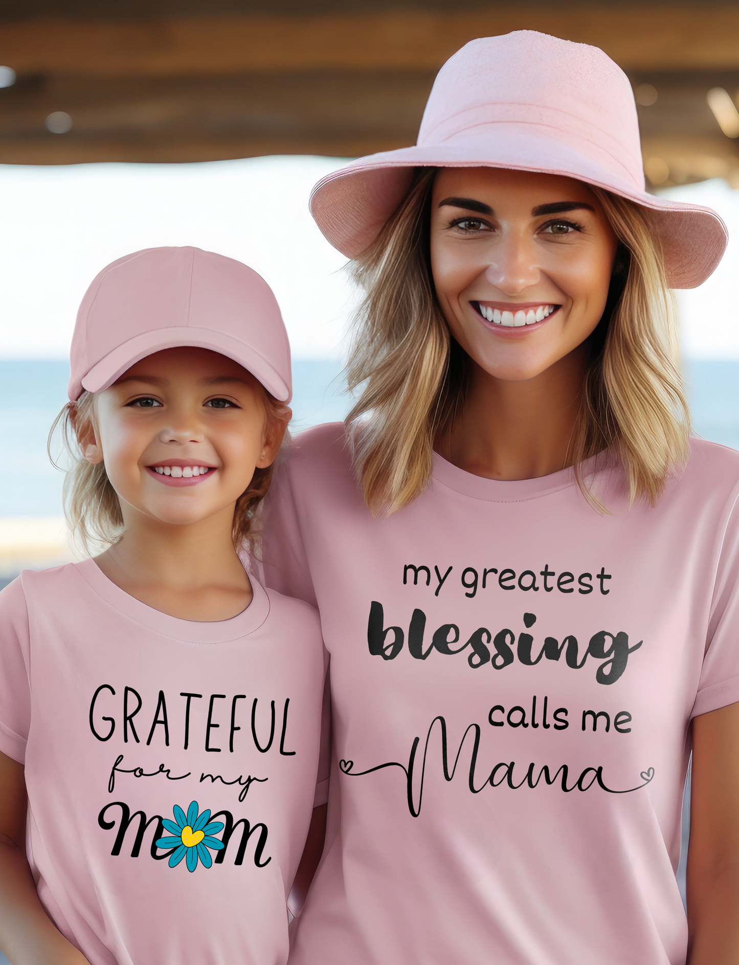 Pink Christian Mother's Day T-Shirt with "My greatest blessing calls me Mama" print design. Crew neck, soft fabric