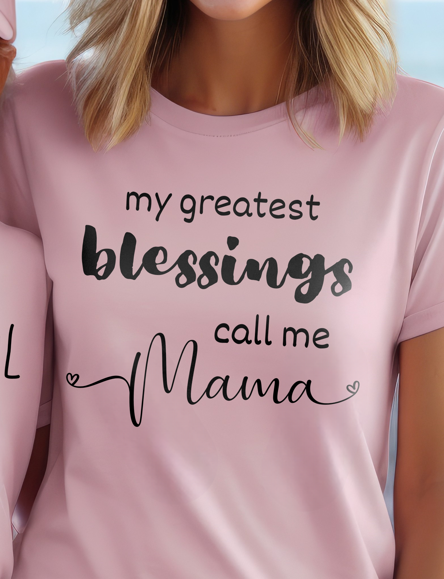 Pink Christian Mother's Day T-Shirt with "my greatest blessings call me Mama" print design. Crew neck, short-sleeved, soft fabric