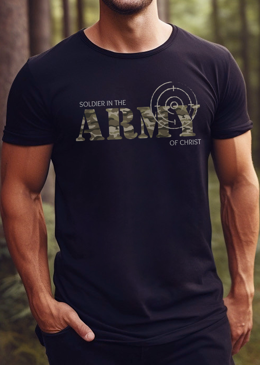 Black Christian T-Shirt with "Soldier in the Army of Christ" print design. Crew neck, short sleeved, classic fit, soft fabric