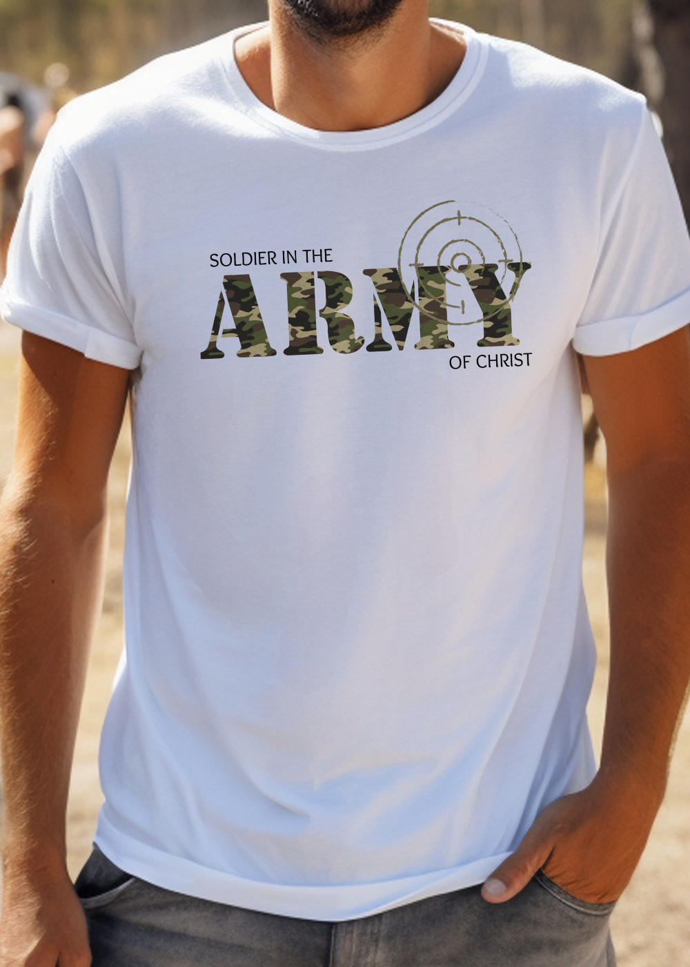 White Christian T-Shirt with "Soldier in the Army of Christ" print design. Crew neck, short sleeved, classic fit, soft fabric