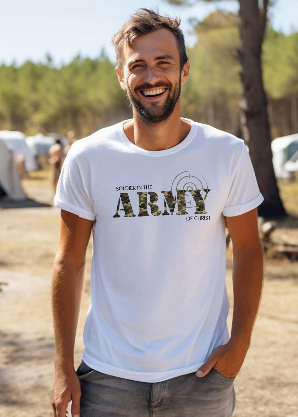 White Christian T-Shirt with "Soldier in the Army of Christ" print design. Crew neck, short sleeved, classic fit, soft fabric