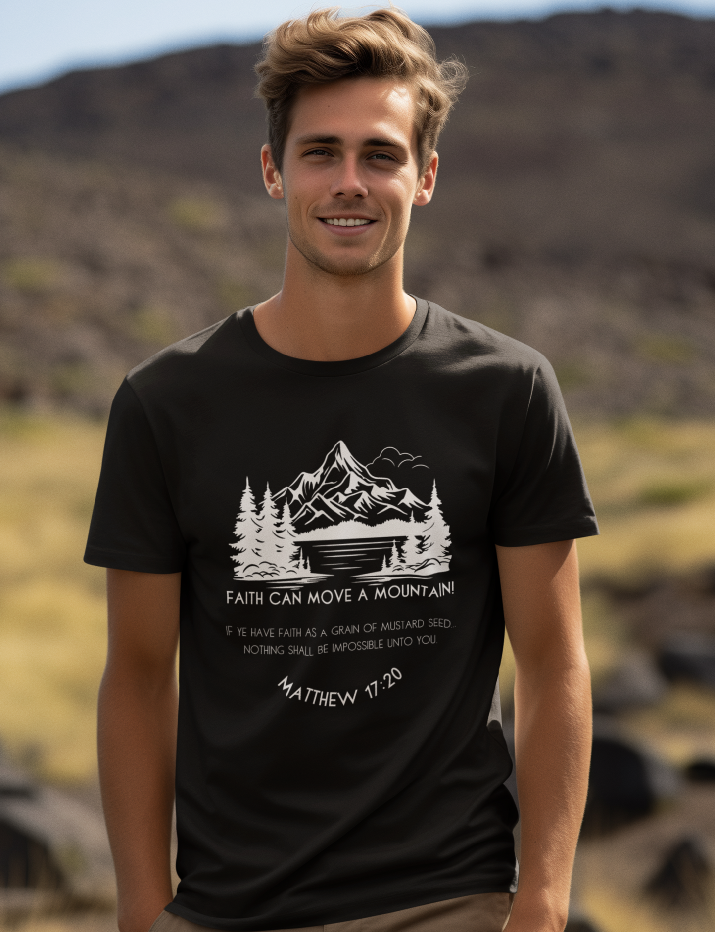 Black Christian T-Shirt For Men with "Faith Can Move A Mountain" print design