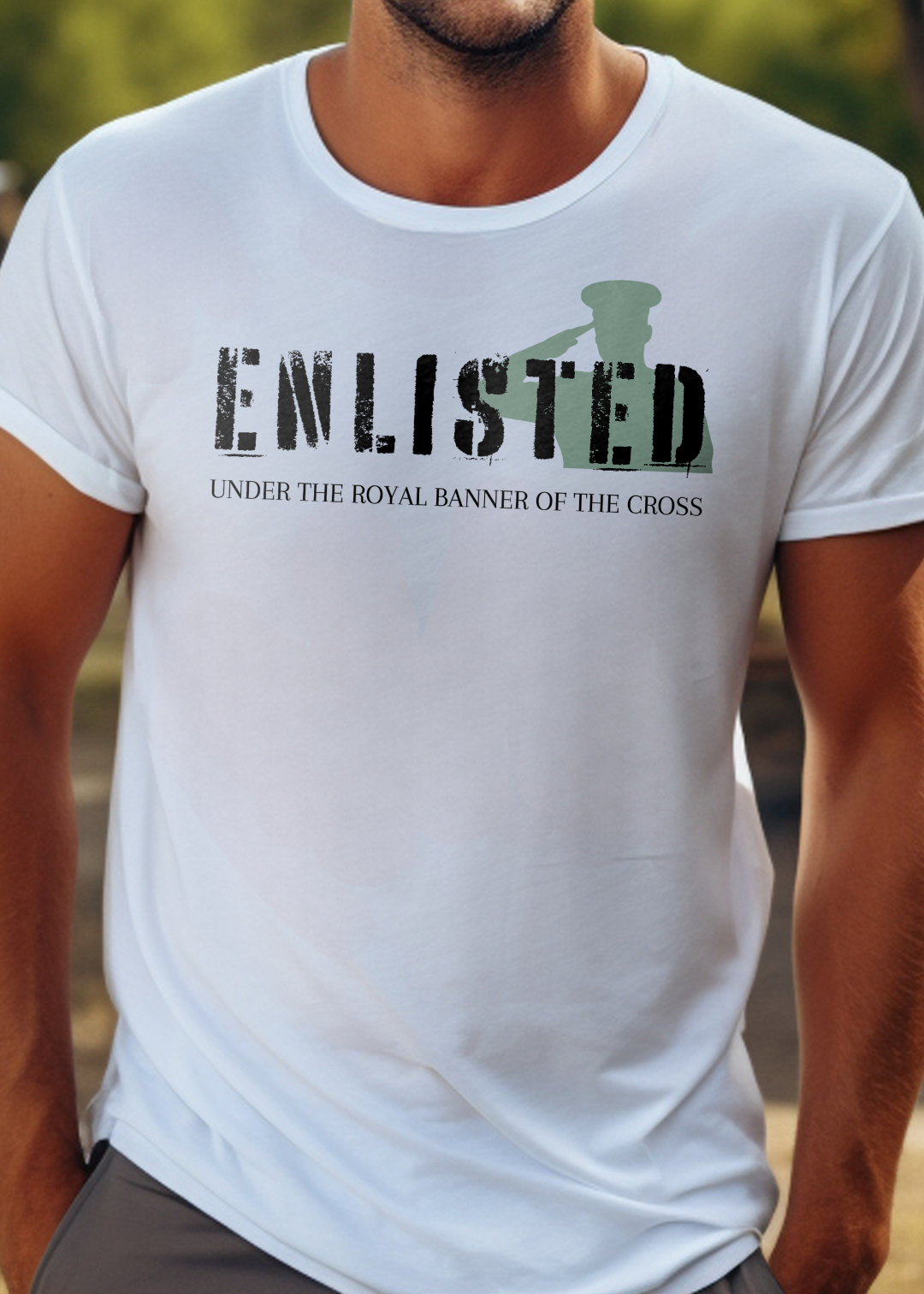 White Christian T-Shirt with "Enlisted: Under the Royal Banner of the Cross" print design. Crew neck, short-sleeved, classic fit, soft fabric. 