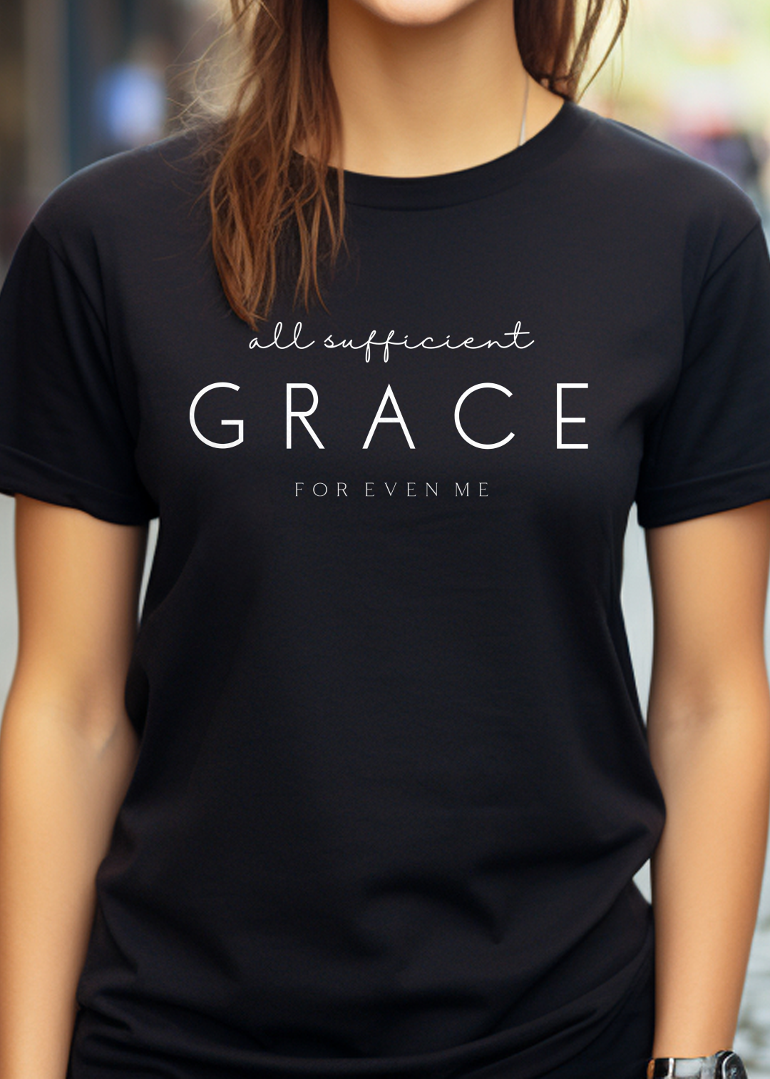 Black Christian T-Shirt with "All Sufficient Grace For Even Me" print design. Crew neck, short-sleeved, classic fit, soft fabric.