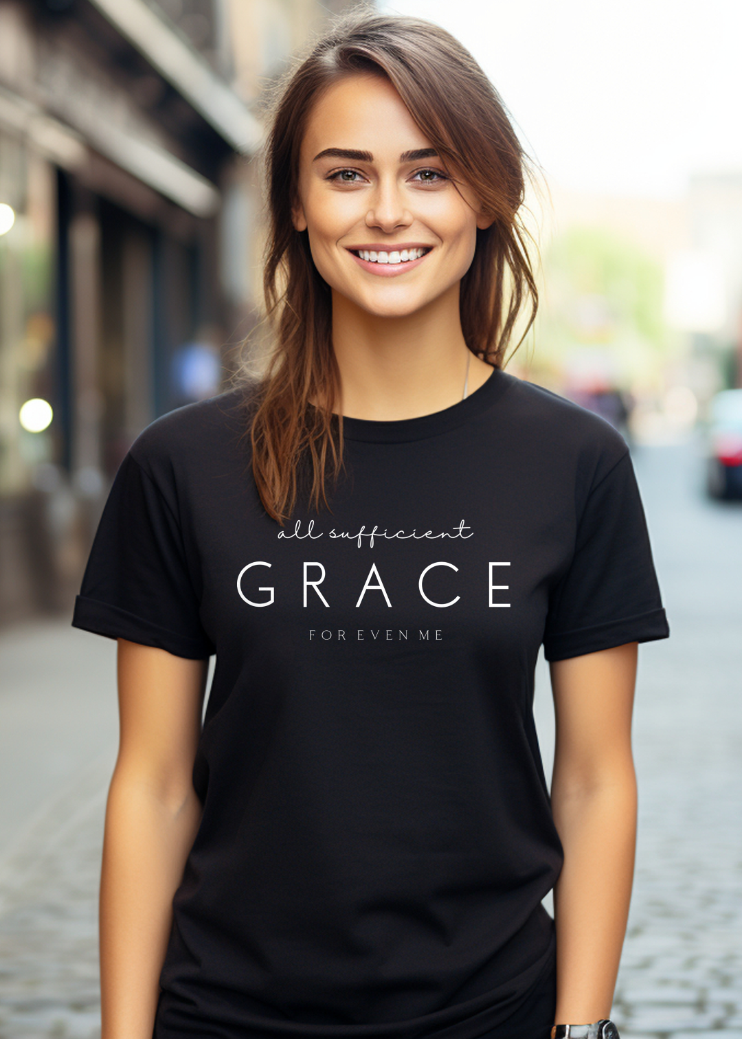 Black Christian T-Shirt with "All Sufficient Grace For Even Me" print design. Crew neck, short-sleeved, classic fit, soft fabric.