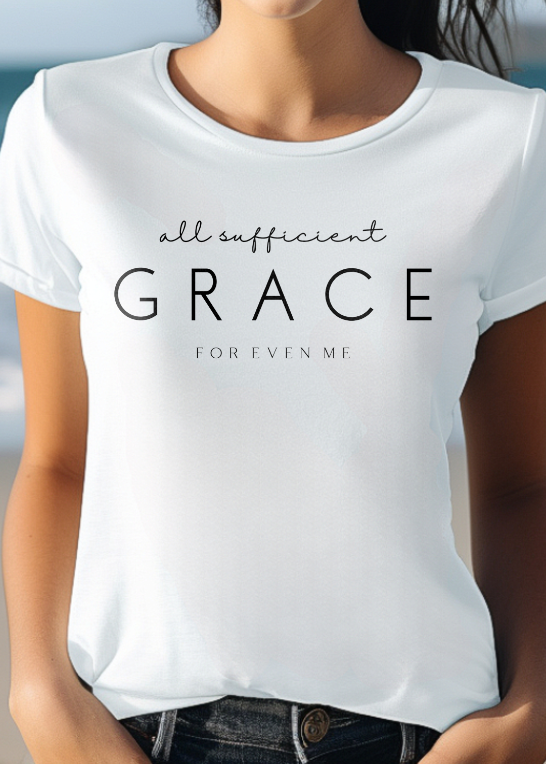 White Christian T-Shirt with "All Sufficient Grace For Even Me" print design. Crew neck, short-sleeved, classic fit, soft fabric.