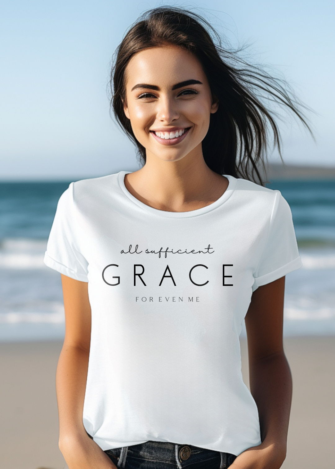 White Christian T-Shirt with "All Sufficient Grace For Even Me" print design. Crew neck, short-sleeved, classic fit, soft fabric.