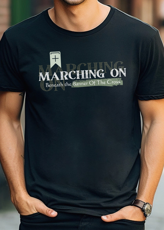 Black Christian T-Shirt with "Marching On: Beneath the Banner of the Cross" print design. Crew neck, short-sleeved, classic fit, soft fabric