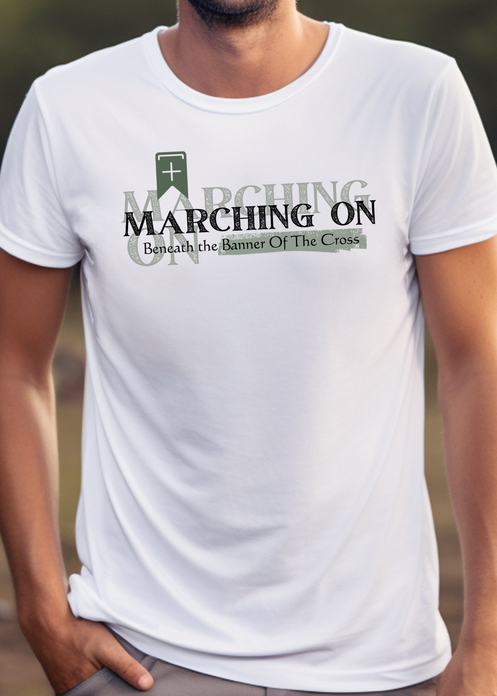 White Christian T-Shirt with "Marching On: Beneath the Banner of the Cross" print design. Crew neck, short-sleeved, classic fit, soft fabric