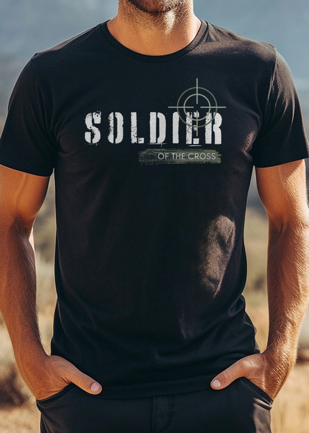 Black Christian T-shirt with Soldier of the Cross Text Design. Men's classic fit, crew neck, short-sleeved, soft fabric.