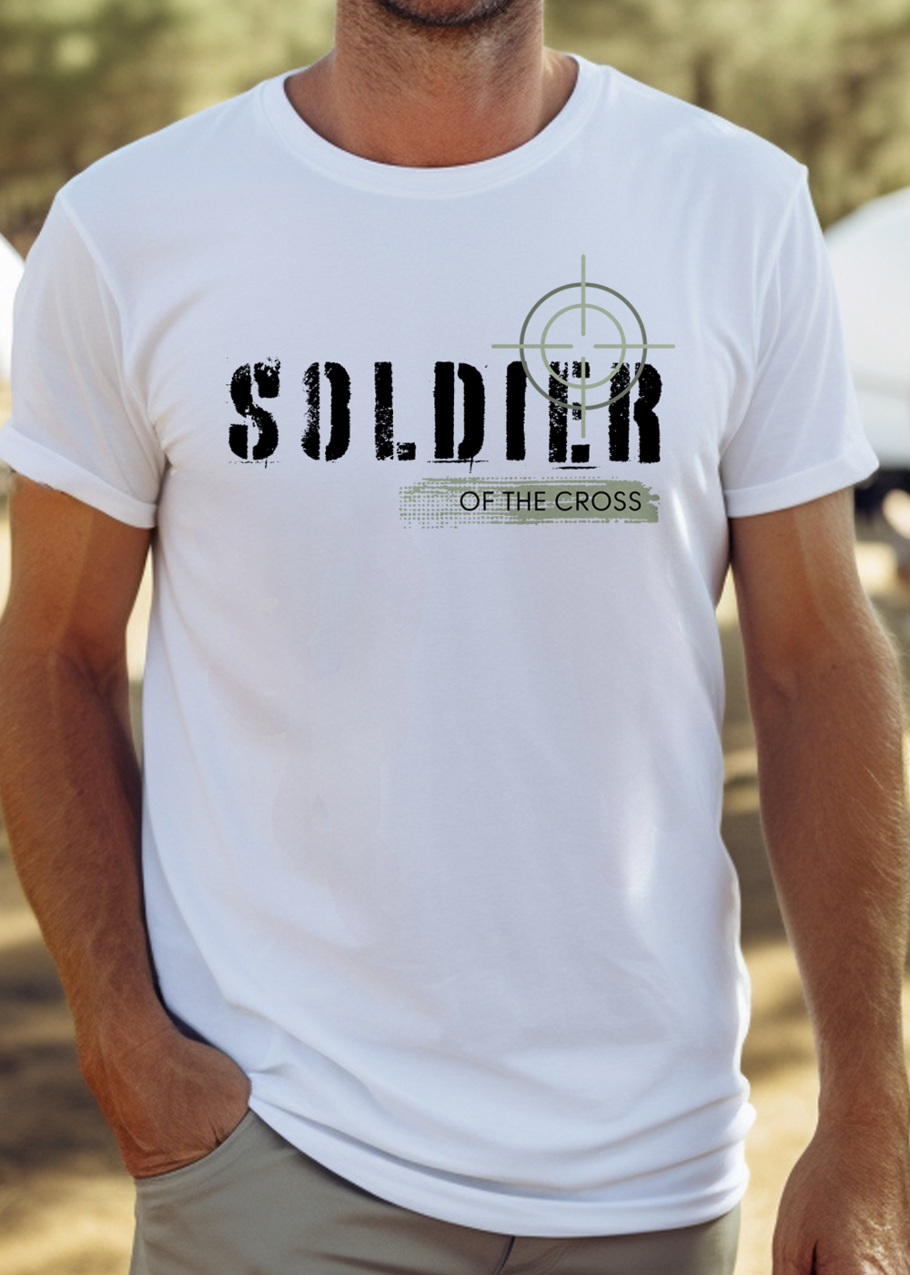 White Christian T-shirt with Soldier of the Cross Text Design. Men's classic fit, crew neck, short-sleeved, soft fabric.