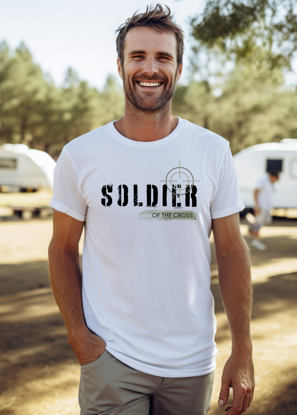 White Christian T-shirt with Soldier of the Cross Text Design. Men's classic fit, crew neck, short-sleeved, soft fabric.