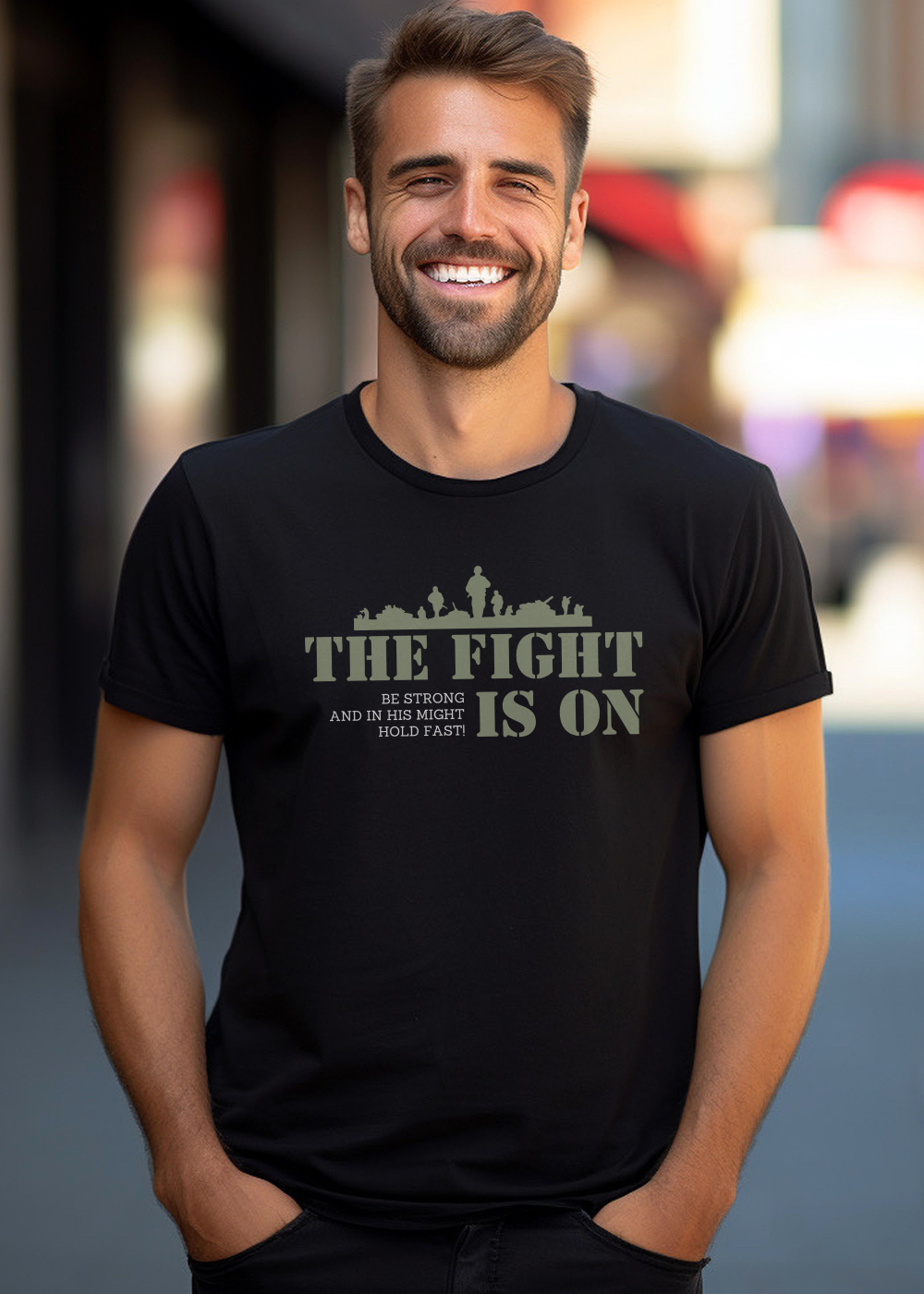 Black Christian T-Shirt with "The Fight Is On: Be Strong and in His Might Hold Fast" print design. Crew neck, short-sleeved, classic fit, soft fabric