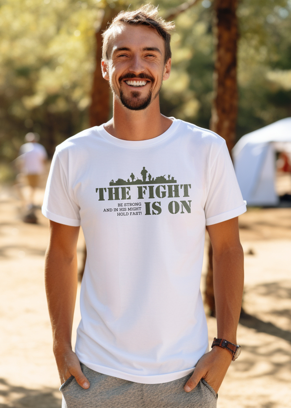 Black Christian T-Shirt with "The Fight Is On: Be Strong and in His Might Hold Fast" print design. Crew neck, short-sleeved, classic fit, soft fabric