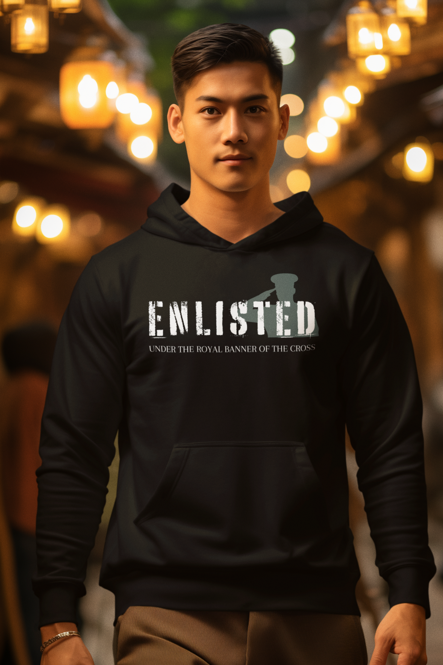 Black Christian Hoodie with "Enlisted Under The Royal Banner Of The Cross" Print design. Unisex, with large front pocket