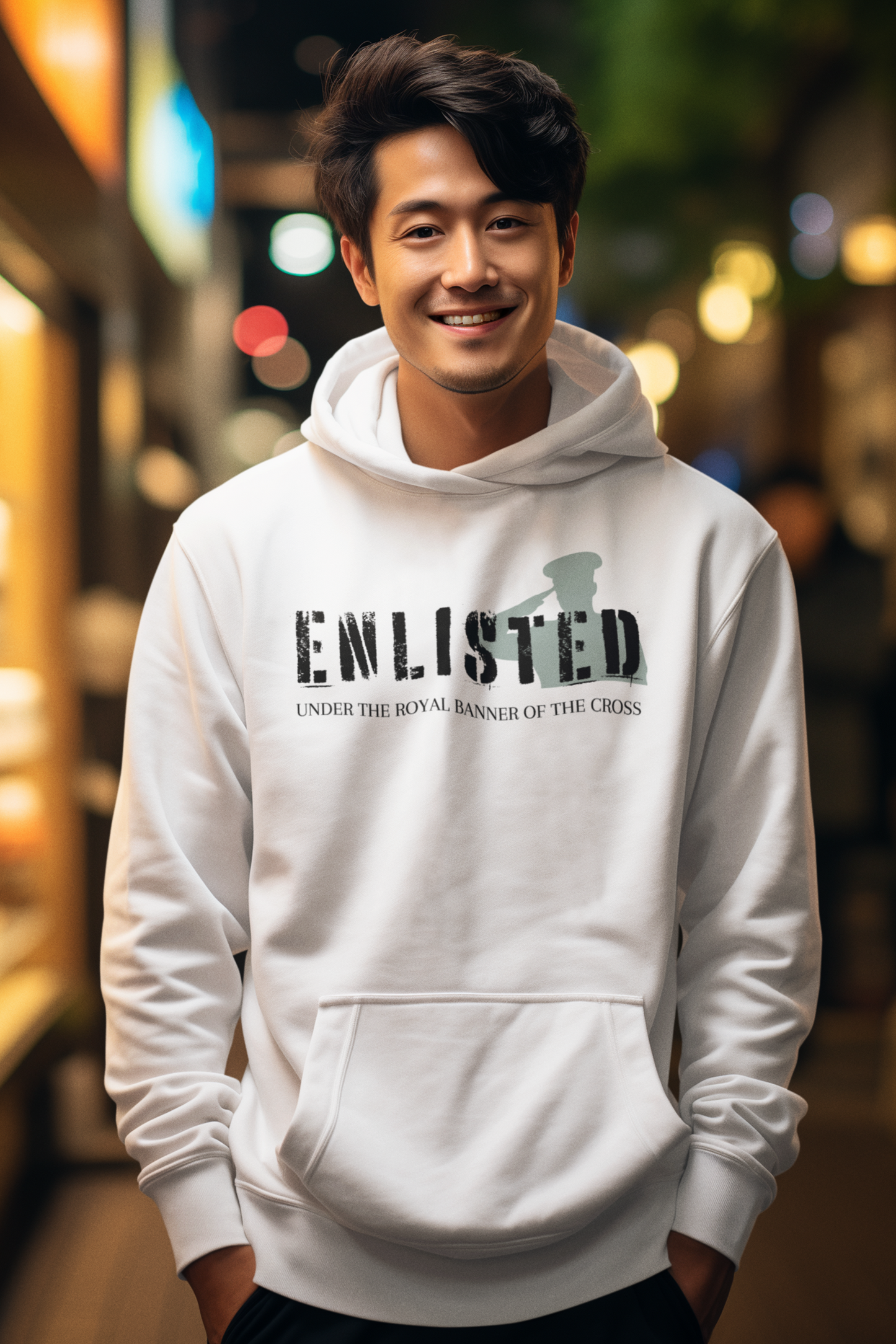 White Christian Hoodie with "Enlisted Under The Royal Banner Of The Cross" Print design. Unisex, with large front pocket